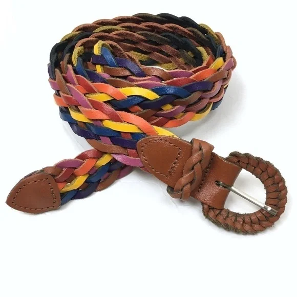 VINTAGE Belt Leather Braided Woven Rainbow Multicolor Boho Festival Plus Size 1X